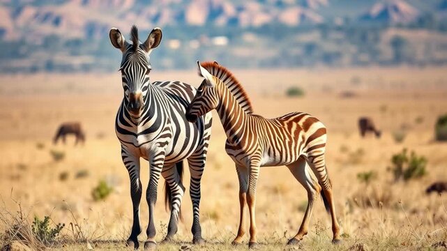 A mother zebra and her foal stand sidebyside in a dry savanna landscape with blurred background