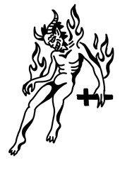 Fototapeta premium Fiery devil with horns and inverted cross, tattoo style
