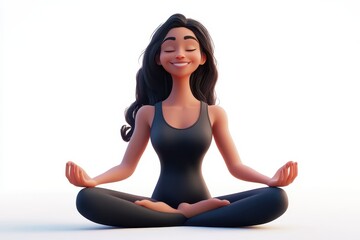 Fototapeta premium Smiling woman in lotus pose 3d render cartoon character on white background