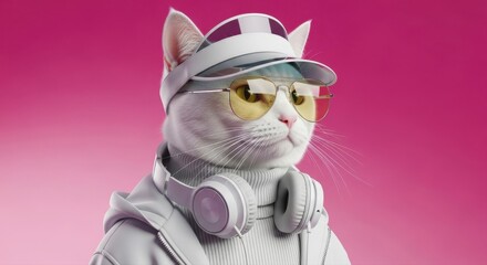 White stylish cat wears sunglasses and headphones against a pink backdrop, looking sophisticated