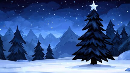 Fototapeta premium Pixel Art Winter Landscape with Snow Covered Trees and Mountains under Starry Night Sky