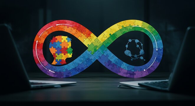 An infinity symbol formed by colorful puzzle pieces, encompassing a child's profile and abstract molecules. - Powered by Adobe