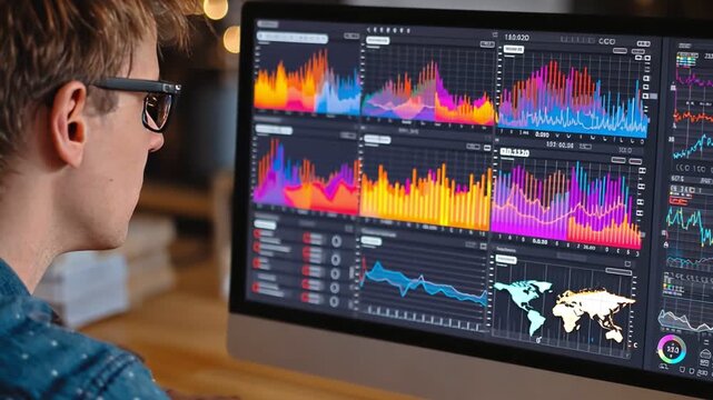 Data Analyst: A focused individual meticulously analyzes intricate charts and graphs displayed on a large computer screen, representing complex data visualization within a modern business environment. - Powered by Adobe
