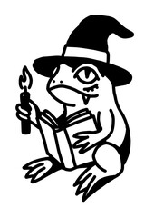 Witch frog reading spellbook by candlelight illustration