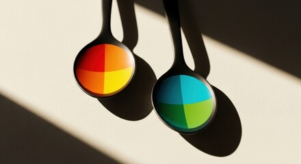 Two vibrant color block spoons rest on textured surface with dramatic sunlight shining through
