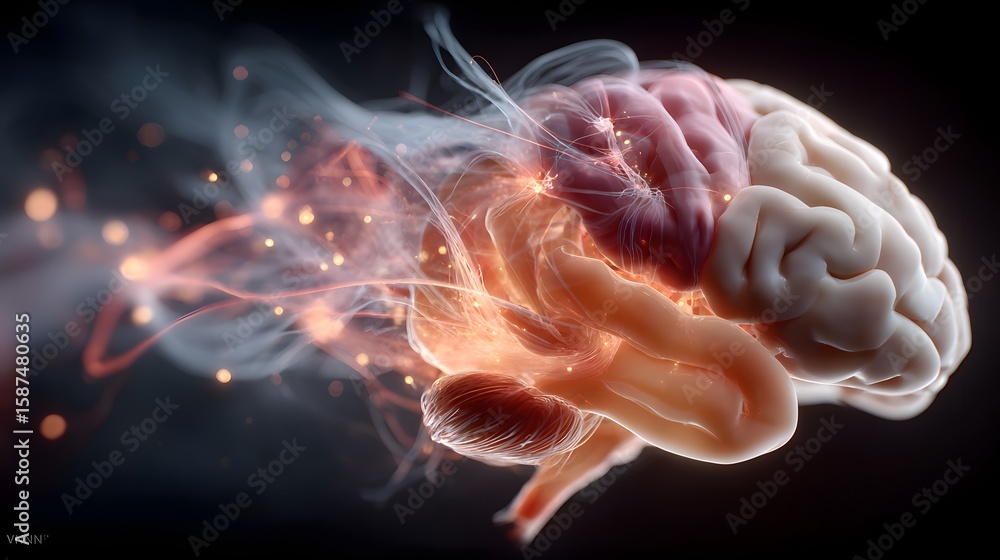 Poster illuminated cross section of the human brain showcasing the complex neural networks and electrical i