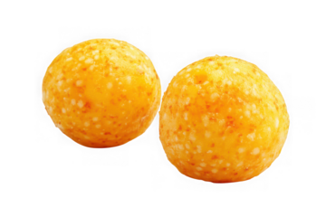 Delicious laddu indian sweets, traditional mithai, festive food photography, orange color, two pieces, isolated on transparent background