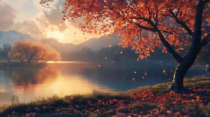 Autumnal lake scene with falling leaves