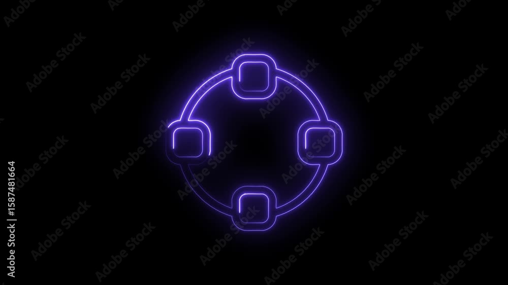 Poster neon circle with four connected squares on black background technology and connection concept