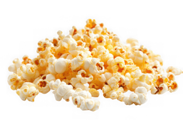 Delicious freshly popped popcorn pile ready to eat, movie snack, isolated food photography, culinary treat, isolated on transparent background