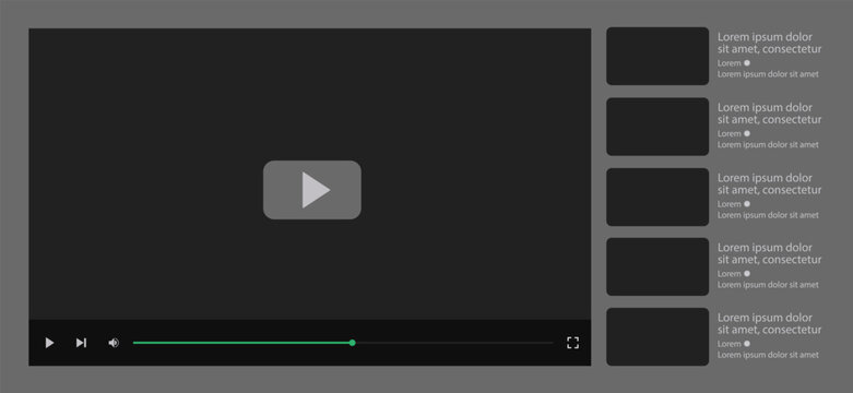 Multimedia video player with play button, play video window with navigation icons, video streaming frame on internet, modern social media video player interface template live digital stream
