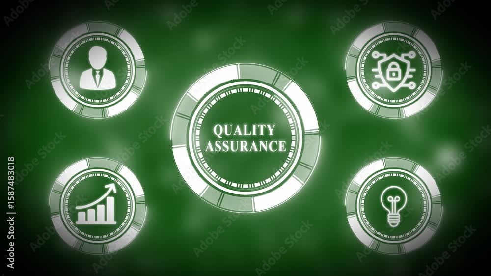 Poster animated circular graphic with the word quality displayed on a green background.