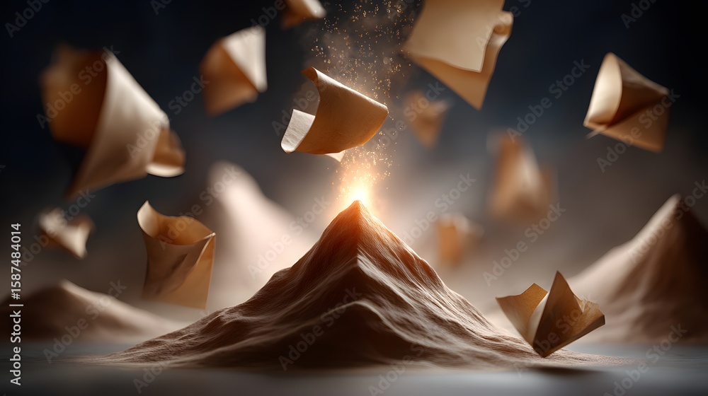 Poster towering mountain peaks emerging from a hazy ethereal environment creating a sense of mystery and wo