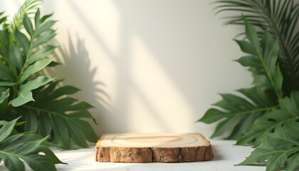 Minimalist Wooden Platform for Product Display with Tropical Leaves and Sunlight