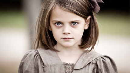 Intensely gazing young girl with striking blue eyes and a brown bow in her hair