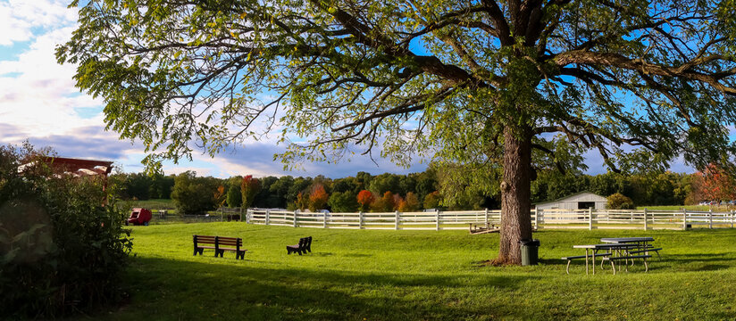 Scenic Michigan state university (MSU) tollgate farm in Novi, Michigan during autumn time panoramic view.