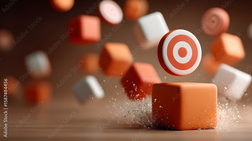 Poster colorful geometric cubes and a red bullseye target shape in motion conveying the concepts of strateg