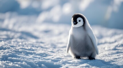 Cute baby emperor penguin standing on snow, fluffy feathers and curious expression, Antarctic wildlife scene. Concept of nature and animal conservation.