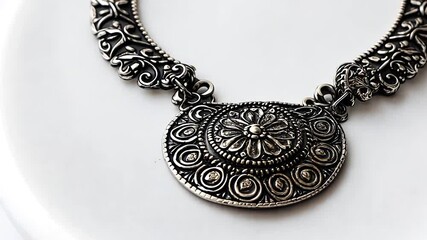 Ornate silver necklace with detailed floral design