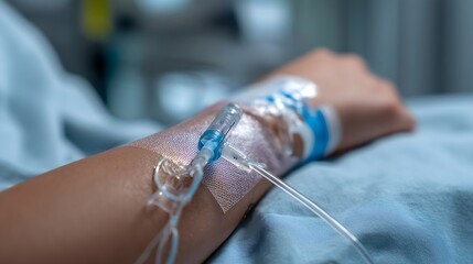 Peripheral intravenous catheter inserted into patient arm with clear dressing and tubing, hospital setting for fluid therapy. Concept of medical treatment and patient care.
