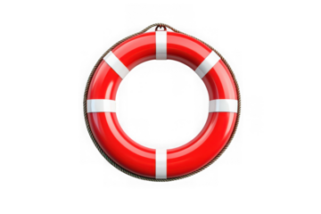 Red lifebuoy lifesaver ring with white stripes and rope, nautical safety equipment, rescue aid, emergency floatation device, isolated on transparent background