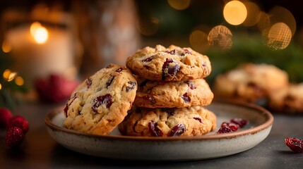 White chocolate cranberry cookies stacked on rustic plate with festive decoration, delicious homemade holiday treat. Concept of sweet dessert and cozy celebration.
