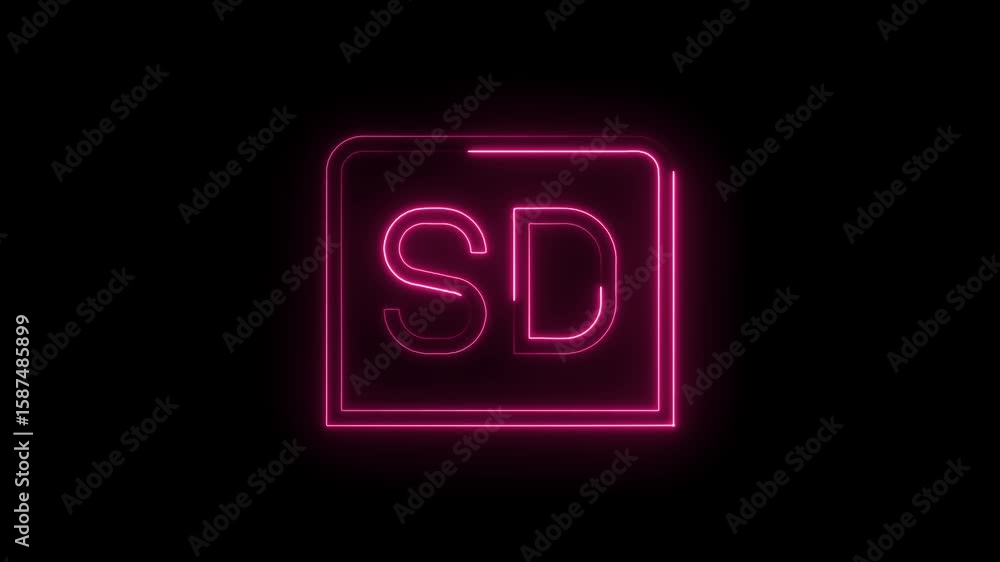 Poster glowing pink sd letters inside a square frame on black background loopable animation