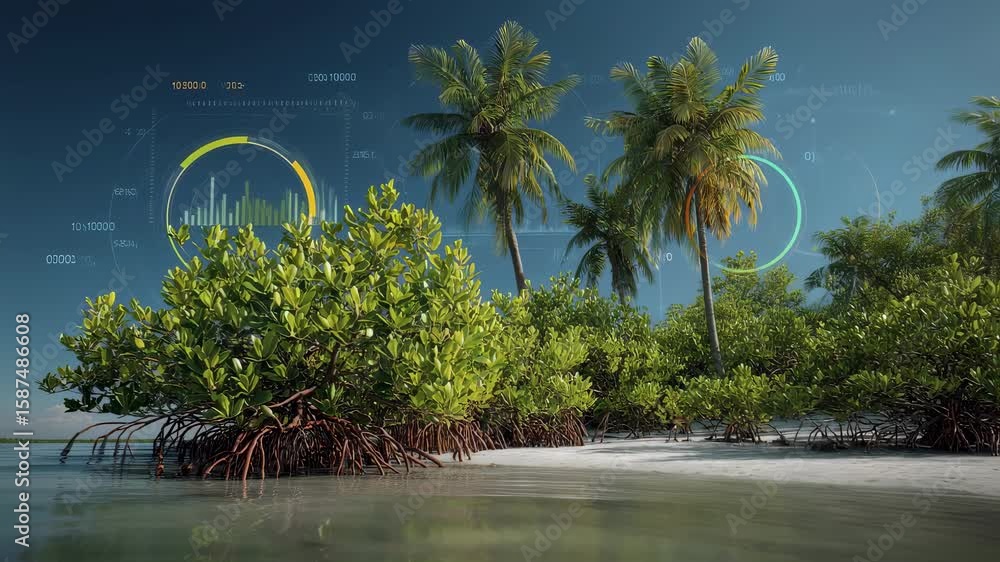 Poster starting with a closeup of a thriving mangrove ecosystem colorful animated graphs and digital gauges