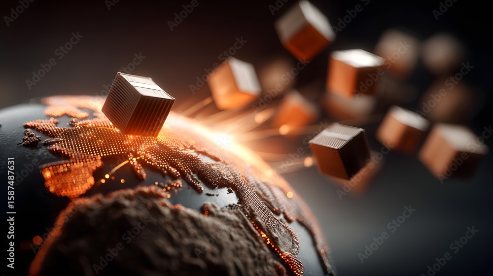 Aufkleber intricate digital circuit board with illuminated geometrically patterned cubes and forms creating a 