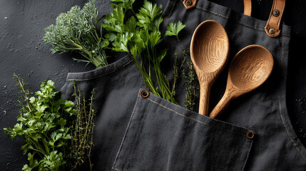 Wooden Spoons on Apron with Fresh Herbs