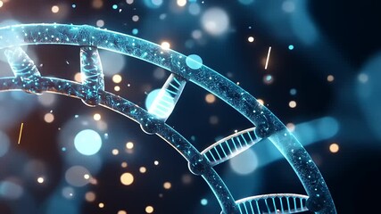 Abstract representation of DNA strands with glowing particles and blurred lights in a scientific background - Powered by Adobe