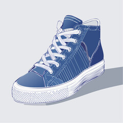 Vector drawing of casual sneakers with visible tread, laces, and padded structure, in detailed linework on white.