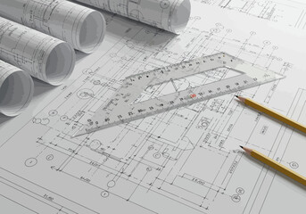 Engineer's workspace with blueprints, a set square, and pencils, illustrating the detailed planning and creation process