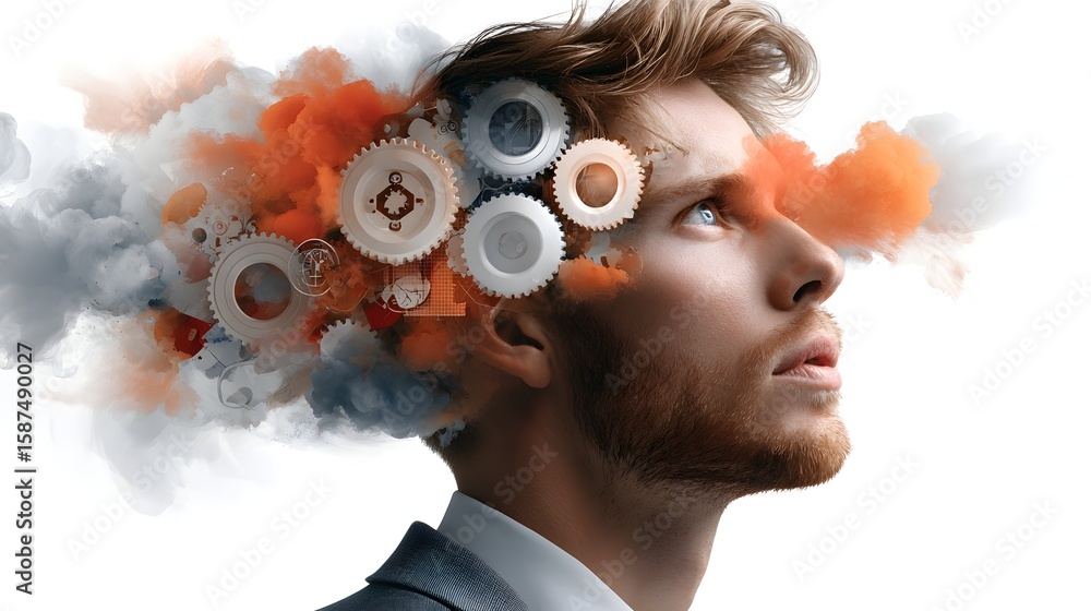 Poster conceptual portrait of a man with a cloud of gears and cogs surrounding his head symbolizing the int