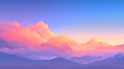 Fototapeta premium Abstract digital painting depicts fluffy clouds over mountain range at dawn/dusk scene.