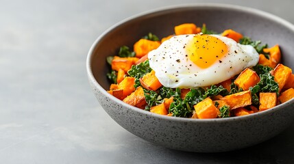 Healthy breakfast bowl with fried egg sweet potatoes and kale