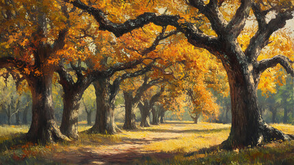 Autumnal trees landscape scene with golden foliage and pathway