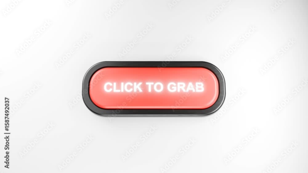 Poster 3d rendered fist smashes giant red click to grab button with force – hand pressing red button