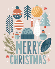 Festive Christmas greeting design with ornaments and evergreen branches creates a joyful, seasonal holiday mood for cards and invitations.