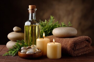 Still life oil bottle stacked stones candles towel small dish of stones arranged on a bamboo mat against a brown background