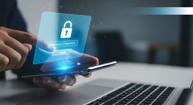Person using smartphone for online security access with password and padlock icon.  Hands hold phone above laptop keyboard. - Powered by Adobe