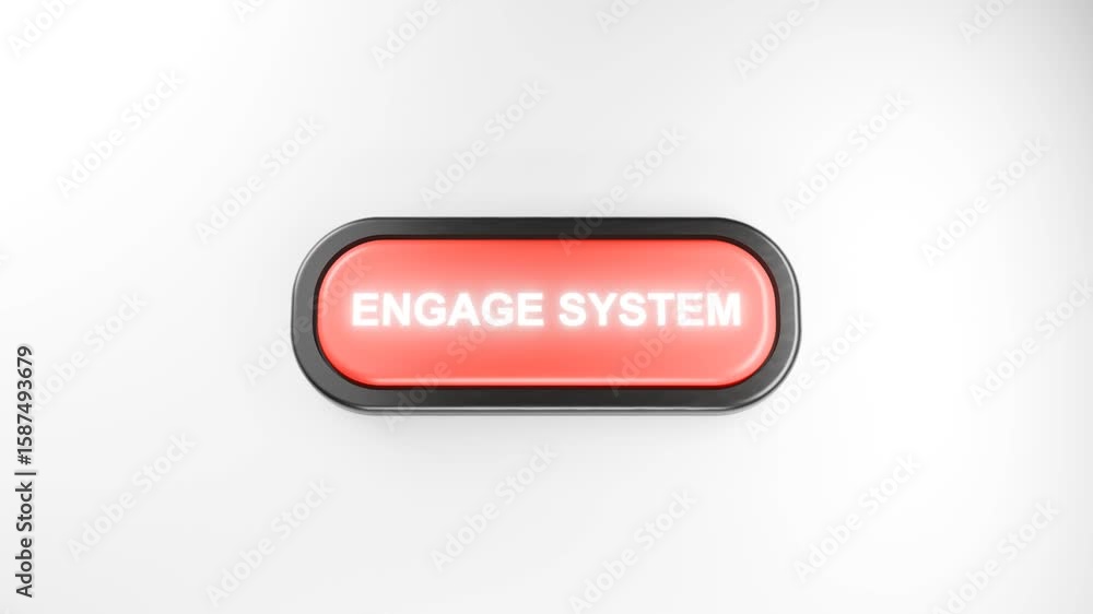 Poster 3d rendered fist smashes giant red engage system button with force – hand pressing red button