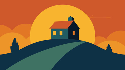 A serene country church building nestled in a summer landscape with hills, trees, and a vast sky, perfect for a peaceful village or rural illustration