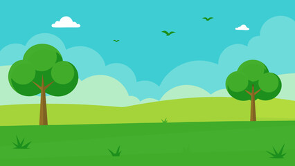 Fototapeta premium A vibrant summer landscape illustration with green trees, grass, and colorful flowers under a bright sky with clouds