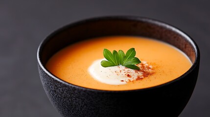 Creamy orange soup garnished with cream and fresh green leaves