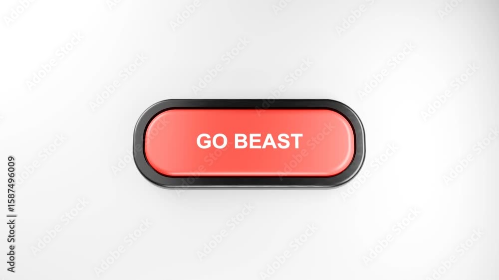 Poster 3d rendered fist smashes giant red go beast button with force – hand pressing red button