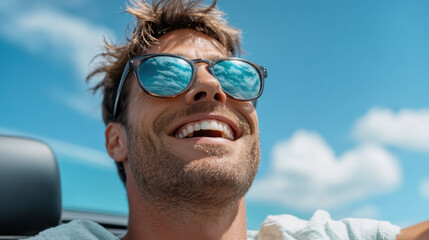 Close-up of a man with a broad face and short hair, wearing sunglasses, driving a convertible car with the wind in his hair and a joyful expression. 