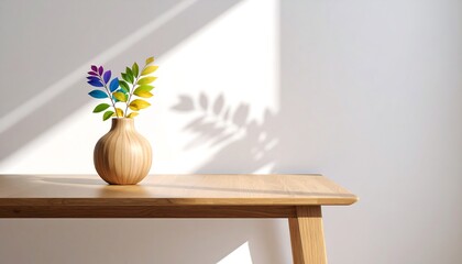  Leaf rainbow colors shadows cast on ceramic vase and wooden table