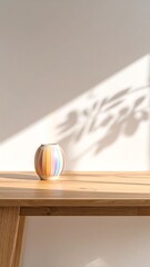  Leaf rainbow colors shadows cast on ceramic vase and wooden table