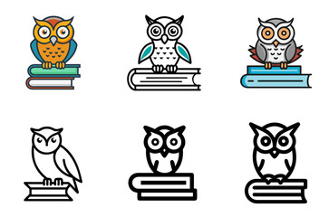 Wise owl on book icon set for school, library, literature, study, and educational theme design